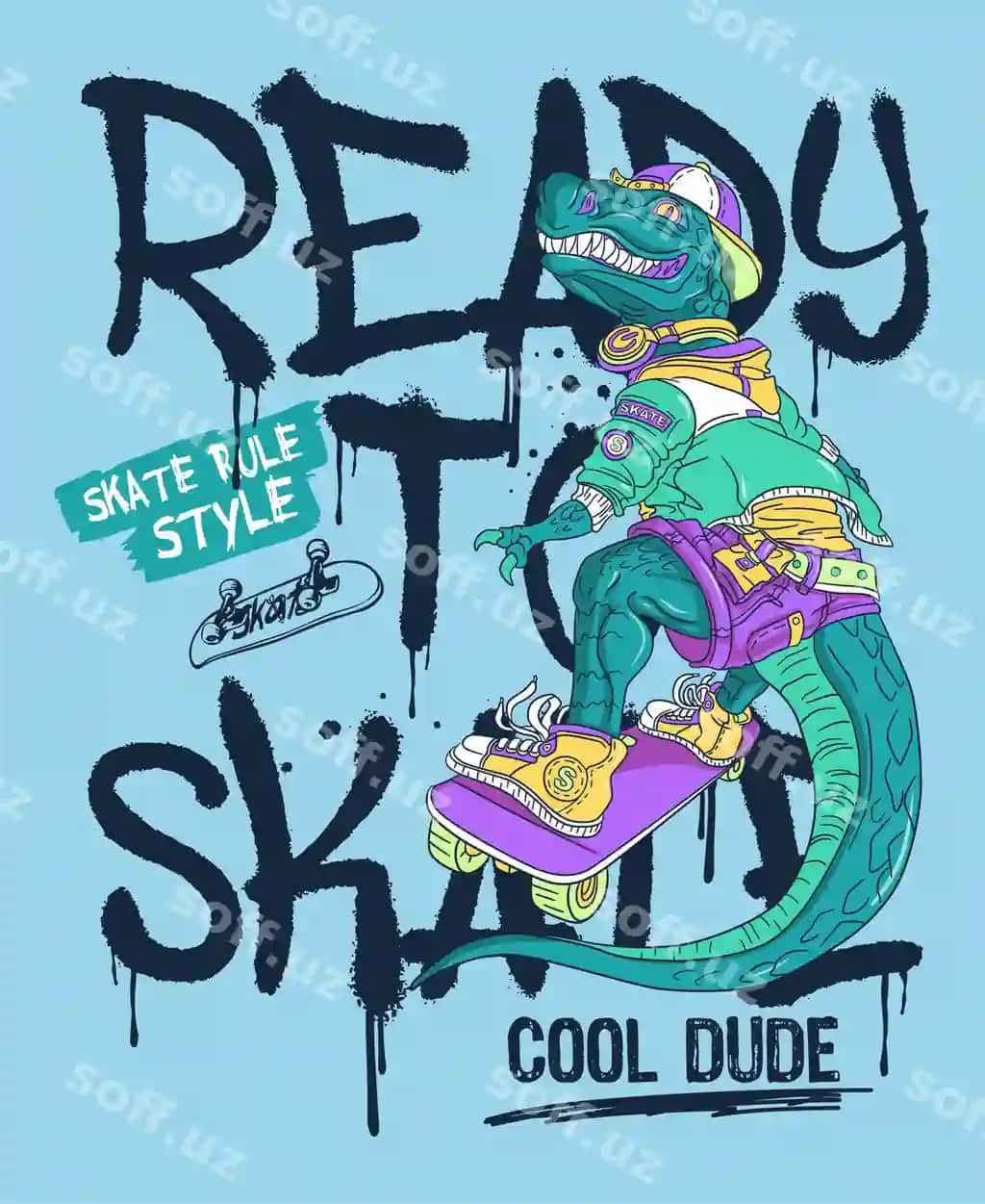 Dino skateboard so'nggi janob qiziqarli hayvonlar vektor graffiti bosma | Dino skateboarding cool dude fun animals vector graffiti print