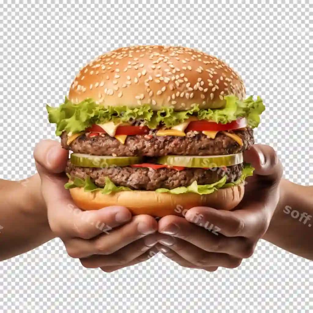 Gamburger tutgan qo'llar ajraltirilgan shaffof fonda PNG mavjud | Hands holding hamburger isolated transparent background png available