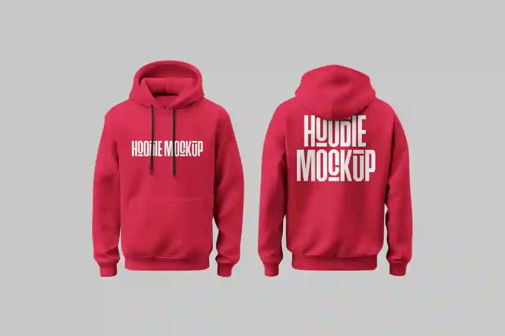 Old tomondan qizil qalpoqli maket | Red hoodie mockup front back view
