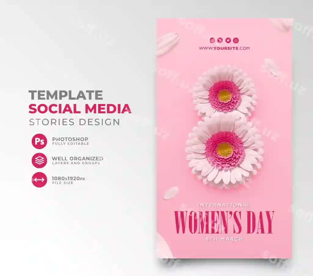 Xalqaro Ayollar Kuny Post Ijtimoiy Tarmoqlar Gul 3D Render Multfil'm | International womens day post social media flower 3d render cartoon