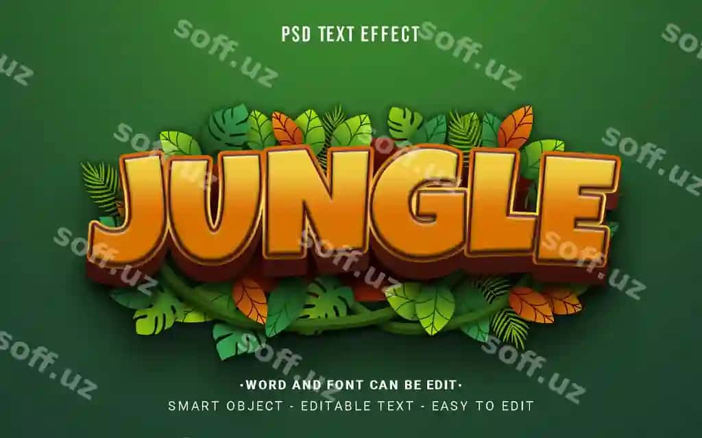 Jungle 3D matn effekti psd barglari bilan multfilm uslubi | Jungle 3d text effect psd with leaves cartoon style