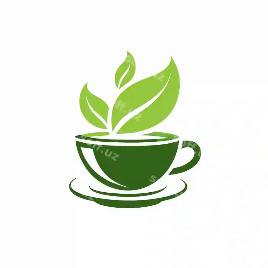 Barglari bilan yashil choy chashkasi organik mahsulotlar sog'lom va ekologik toza | Green tea cup with leaves logo organic products wellness ecofriendly