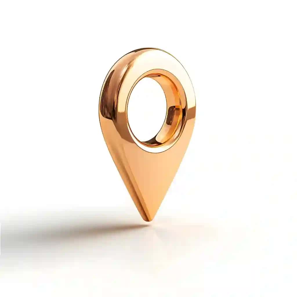 Yaltiroq 3D oltin joylashuv PIN-kodchasi ajratilgan oq fon | Shimmering 3d golden location pin isolated white background
