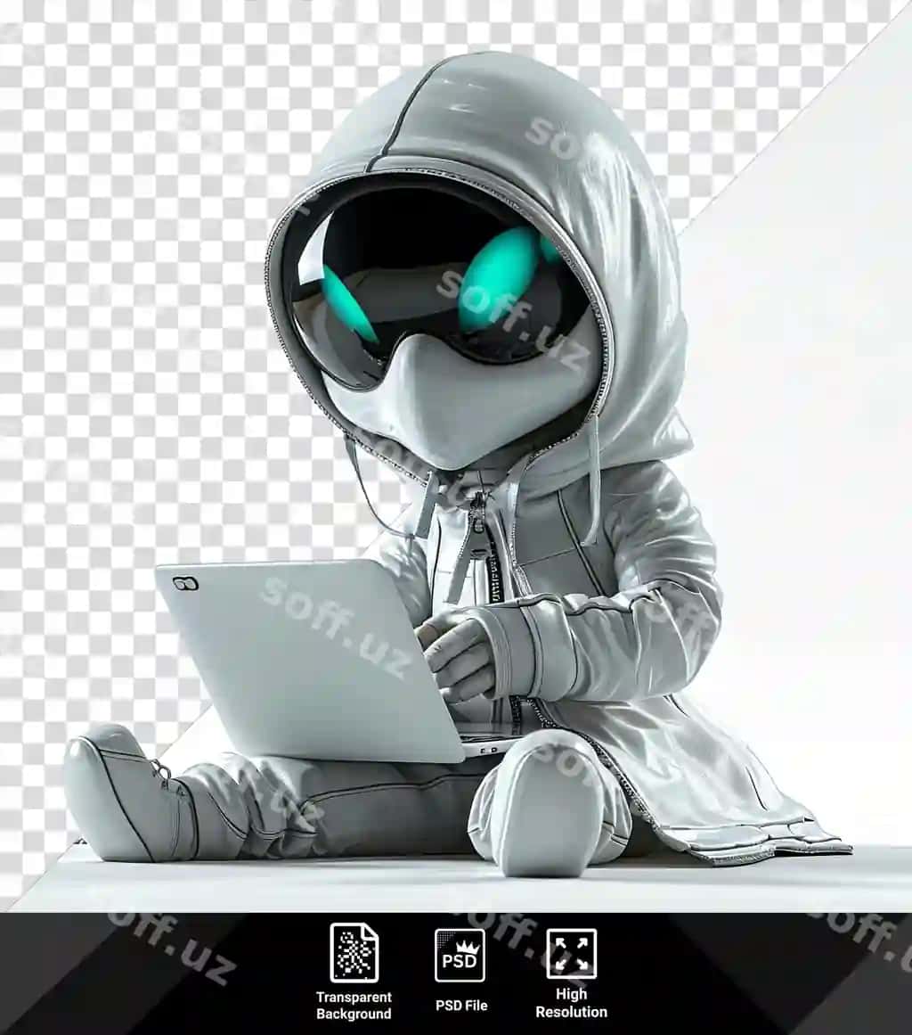 Salqin niqob kiygan Psd kiber-mutaxassis xaker oq stolda o'tiradi | Psd cyber expert hacker wearing cool mask sits white table using