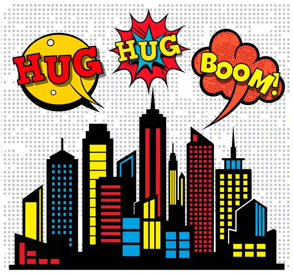 Pop-art shahar silueti rang-barang harakat so'zlari bilan portlamoqda | Pop art city skyline exploding with colorful action words