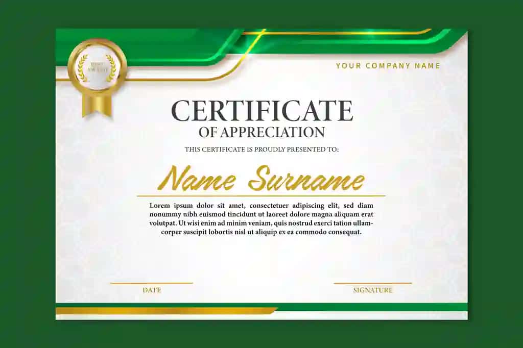 Sertifikatning minnatdorchiligi yashil oltin bilan ko'rsatilgan | Certificate appreciation is shown green gold