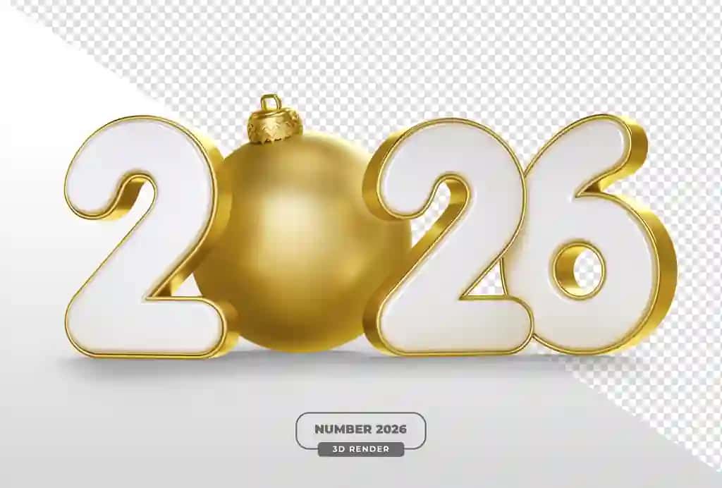 Oltin Rojdestvo to'pi 2026 raqamlari bilan shaffof 3D render | Golden christmas ball with 2026 numbers 3d render with transparent