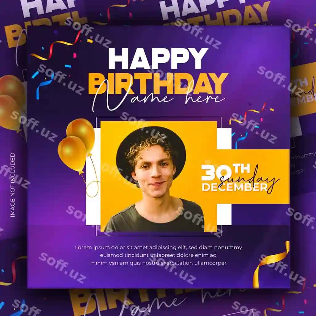Tug'ilgan kun tabriklari shabloni, baxtli bayram, ijtimoiy media post dizayni | Birthday wishes template happy celebration social media post design