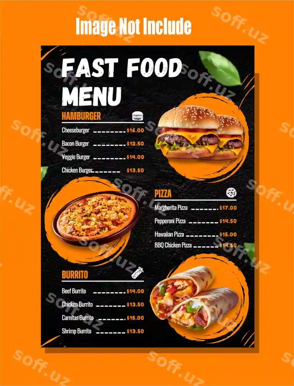 Tez ovqat burger menyu narxi flyer banner dizayni ijtimoiy media posti | Fast food burger menu price flyer banner design social media post