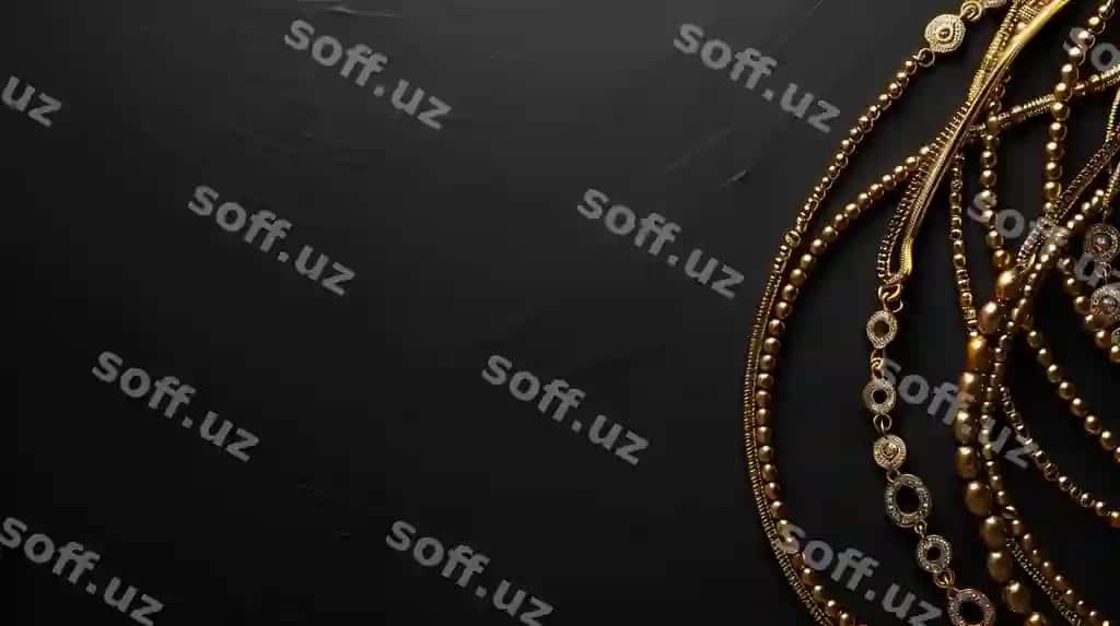 Oltin taqinchoqlar xona matni bilan qora fonda aks ettirilgan | Gold jewelry displayed black background with room text