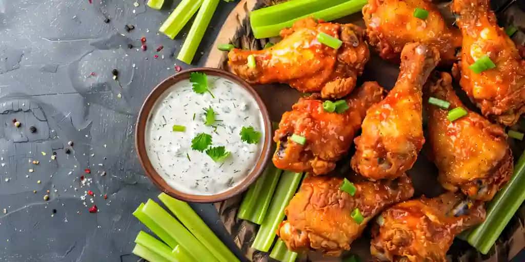 Haqiqiy bufaloda qovurilgan tovuq barabanlari, achchiq sousli ranch sosu | Authentic buffalo fried chicken drumsticks with tangy sauce ranch dressing served plate