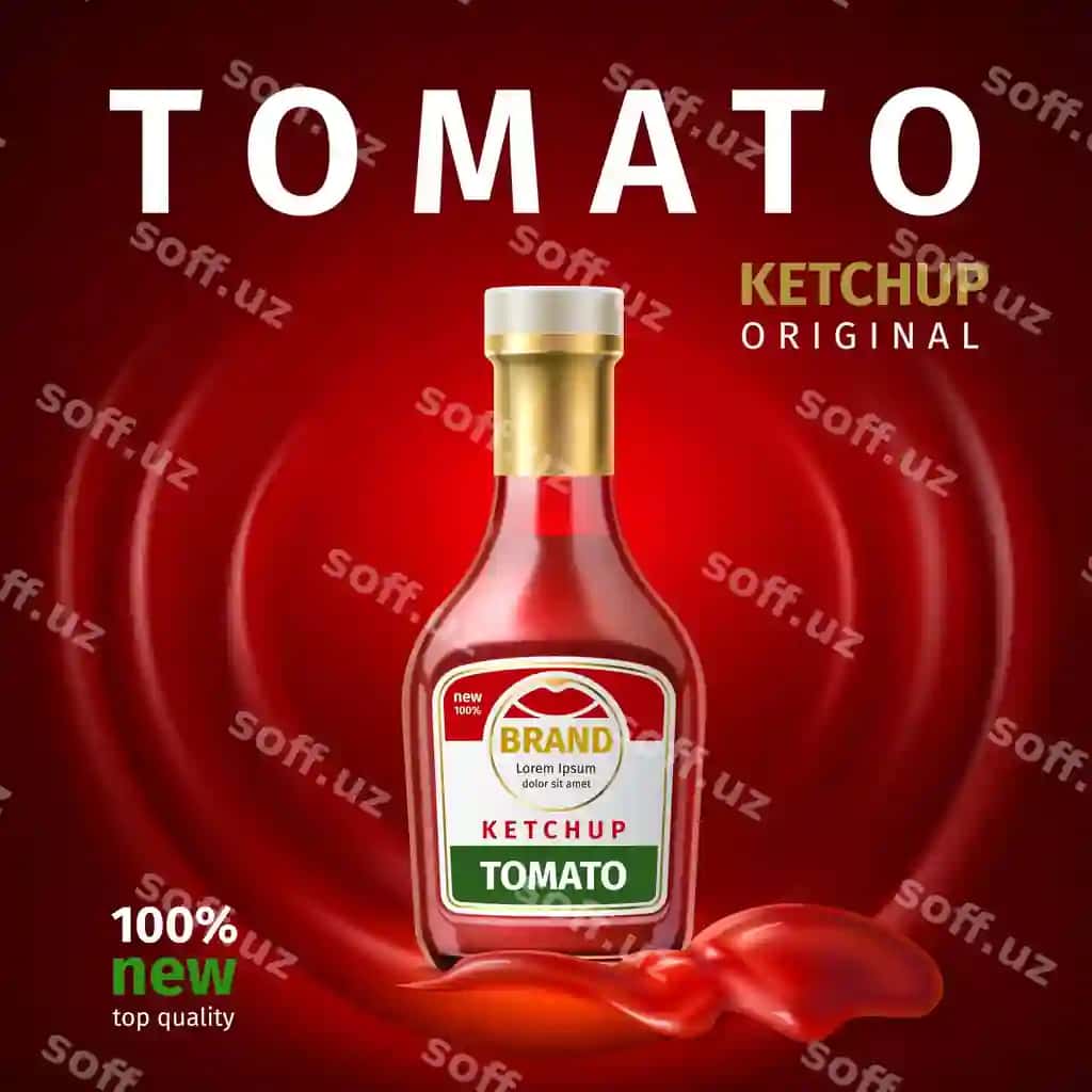 Realistik pomidor sousi qadoqlash posteri 3D shisha ketchup reklamasi bilan | Realistic tomato sauce packing poster 3d bottle with ketchup advertisement
