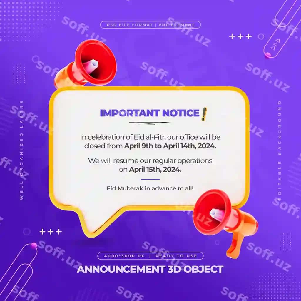 Muhim e'lon ijtimoiy media posti uch o'lchovli megafon bilan | Important announcement social media post with megaphone 3d