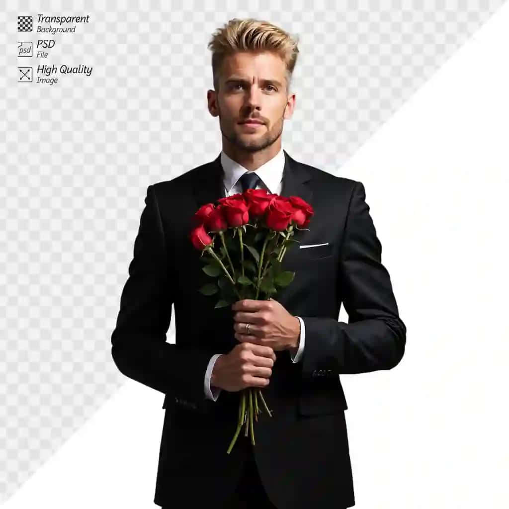 Jiddiy ifoda bilan guldasta qizil atirgul tutgan qora kostyum | Man black suit holding bouquet red roses with serious expression