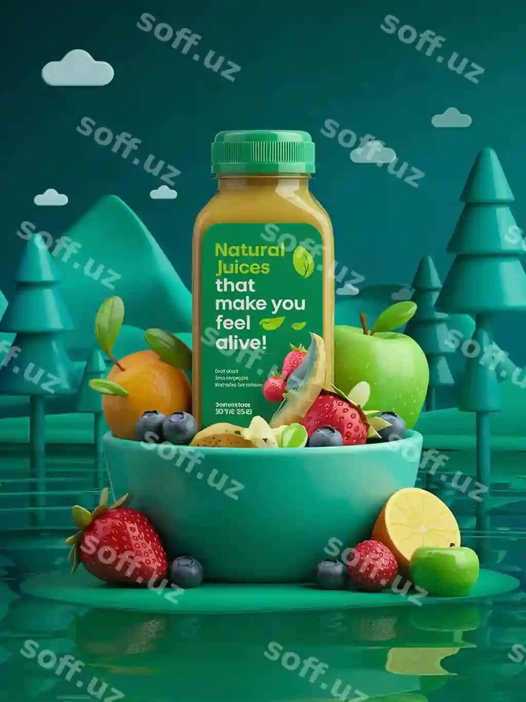 Tabiiy meva sharbati uchun yashil shisha plakat | Poster green bottle natural fruit juice