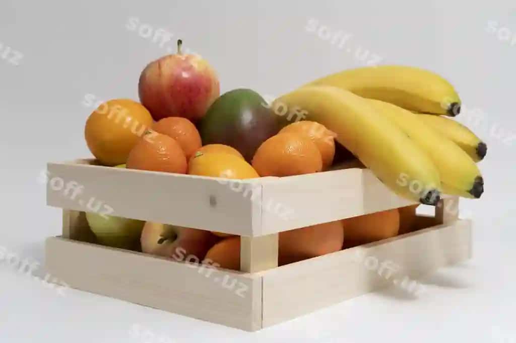 Ekzotik mevalar assortimenti bilan yog'och qutining maketi | Wooden crate mock up with assortment exotic fruits