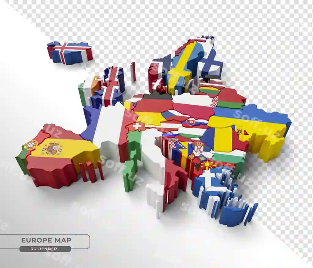 Mamlakat bayroqlari bilan Yevropa xaritasi izometrik 3d render | Europe map with flags countries isometric 3d render