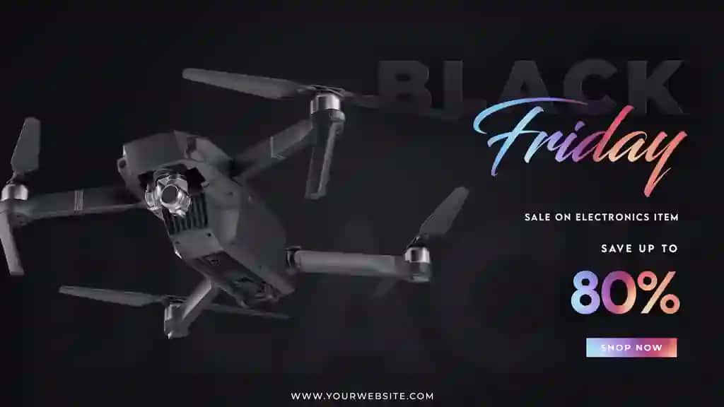 Qora juma chegirma banneri tushirilgan to'q fonli dron | Drone with dark background black friday sale banner