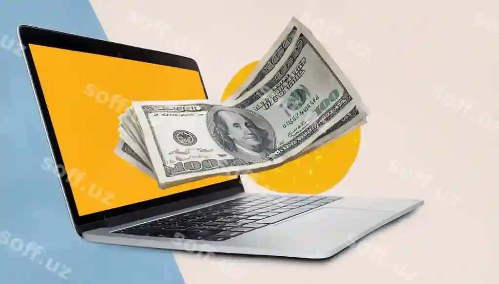Dollar pullari bilan onlayn to'lov tushunchasi bilan noutbuk | Laptop with flying dollar bills online payment concept