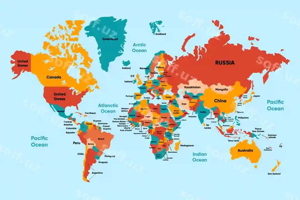 Mamlakat nomi batafsil mamlakat ranglari hududi bilan jahon xaritasi | World map with country name detailed country colors territory