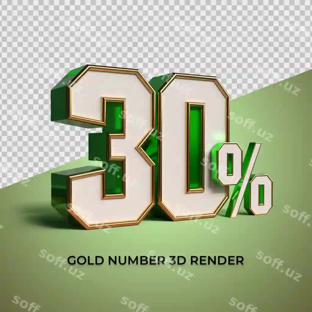 3D render yashil oltin raqami, 30 foizlik savdo o'sishi | 3d render green gold number 30 percentage sale progress