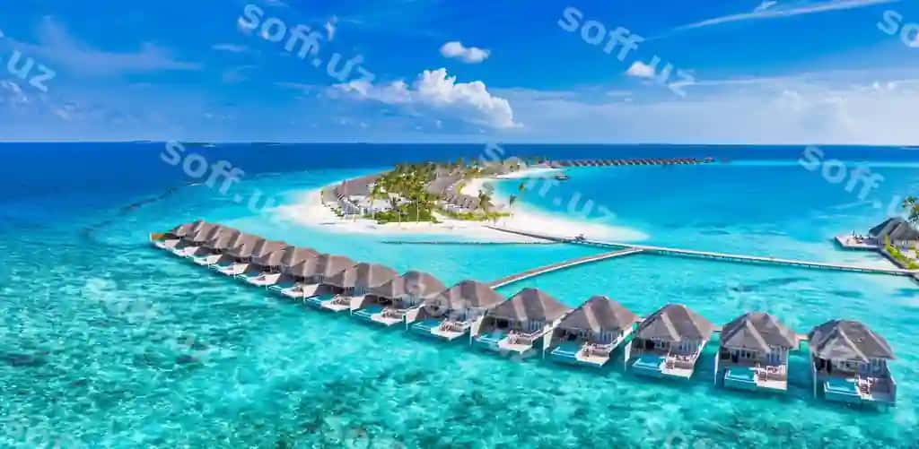 Maldives jannat oroli tropik havaskich landshtini dengizi landshtini suvga biriktirilgan bungalovlar villalar luks sayohat | Maldives paradise island tropical aerial landscape seascape water bungalows villas luxury travel