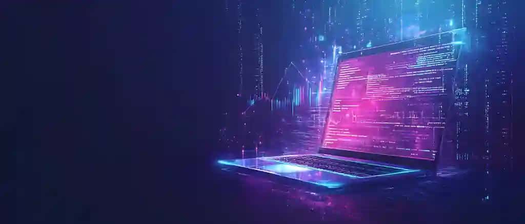Jonli ish maydoni biznesi bilan ochiq noutbukni namoyish etuvchi ijodiy raqamli illyustratsiya | Creative digital illustration showcasing open laptop with vibrant workspace business