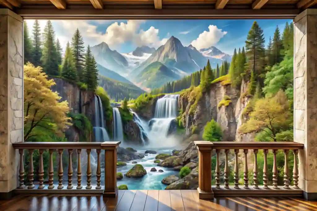 Balkondagi tog' sharsharalaridan raqamli fresk ko'rinishi | Digital frescoview from balcony mountain waterfalls