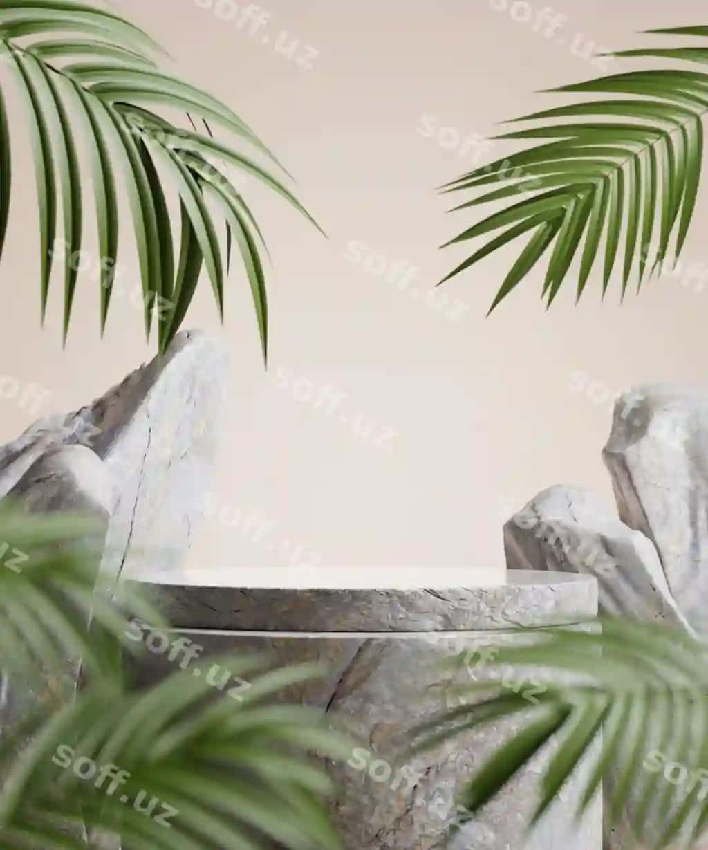 3d renderlangan tosh podium, palm choralari bilan yozgi koncept mahsulot ko'rsatmasi | 3d render stone podium with palm leaves summer concept product display