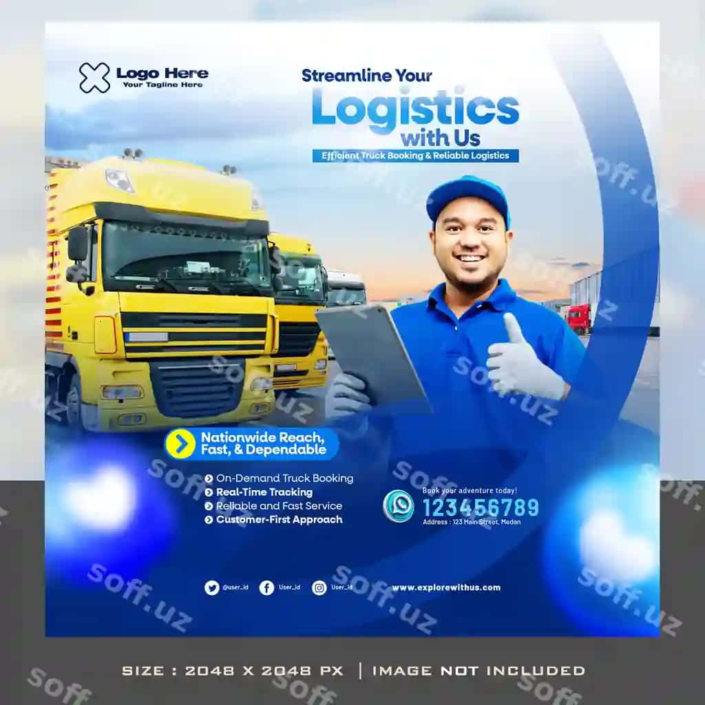 Yuk mashinalarini bron qilish logistikasini yetkazib berish xizmati afisha banner flayeri reklamalari | Truck booking logistics delivery service poster banner flyer ads