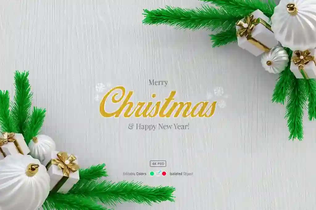 Rojdestvo yog'och fon maketi qarag'ay barglari gulchambar 3D sovg'a bilan | Christmas wooden background mockup with pine leaves wreath 3d gift