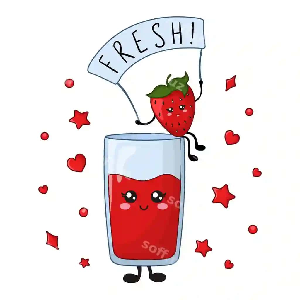 Karta bilan kawaii ovqat shirin bodom yangi suv bary | Card with kawaii food sweet strawberry fresh juice berry