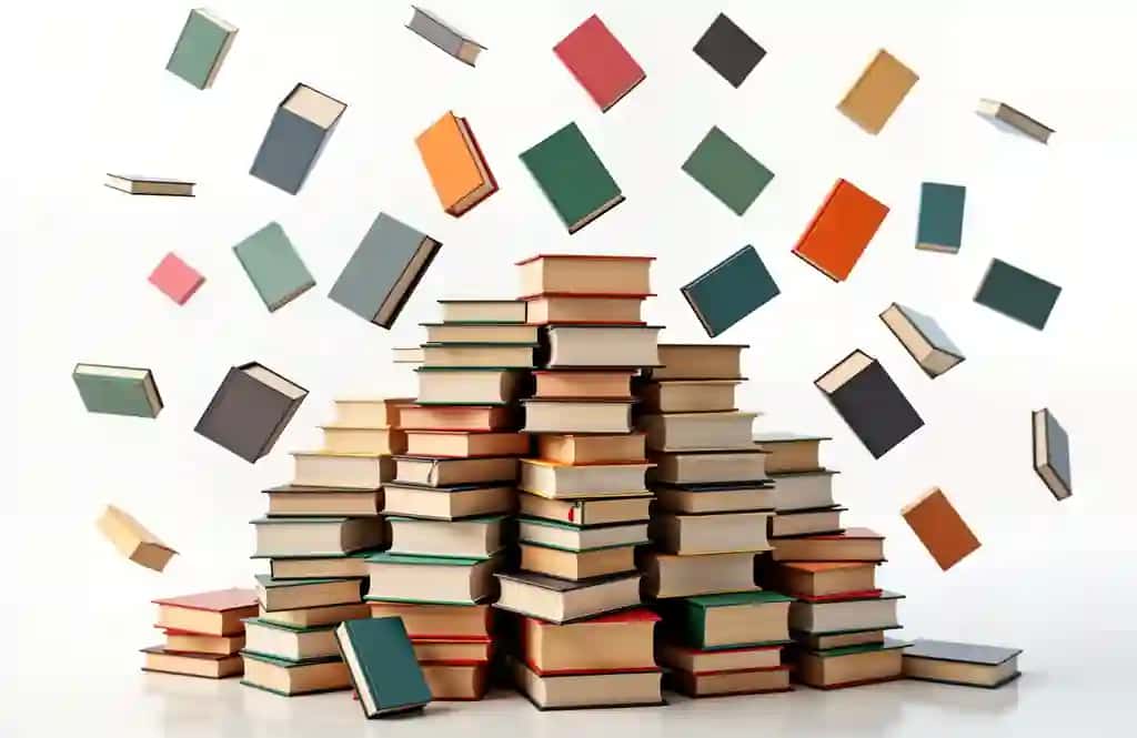 Katta kitoblar to'plami havoni ko'taradi, ko'plab kitoblar alohida rasm atrofida uchib yuradi | Large stack books levitates air with many books flying around isolated illustration