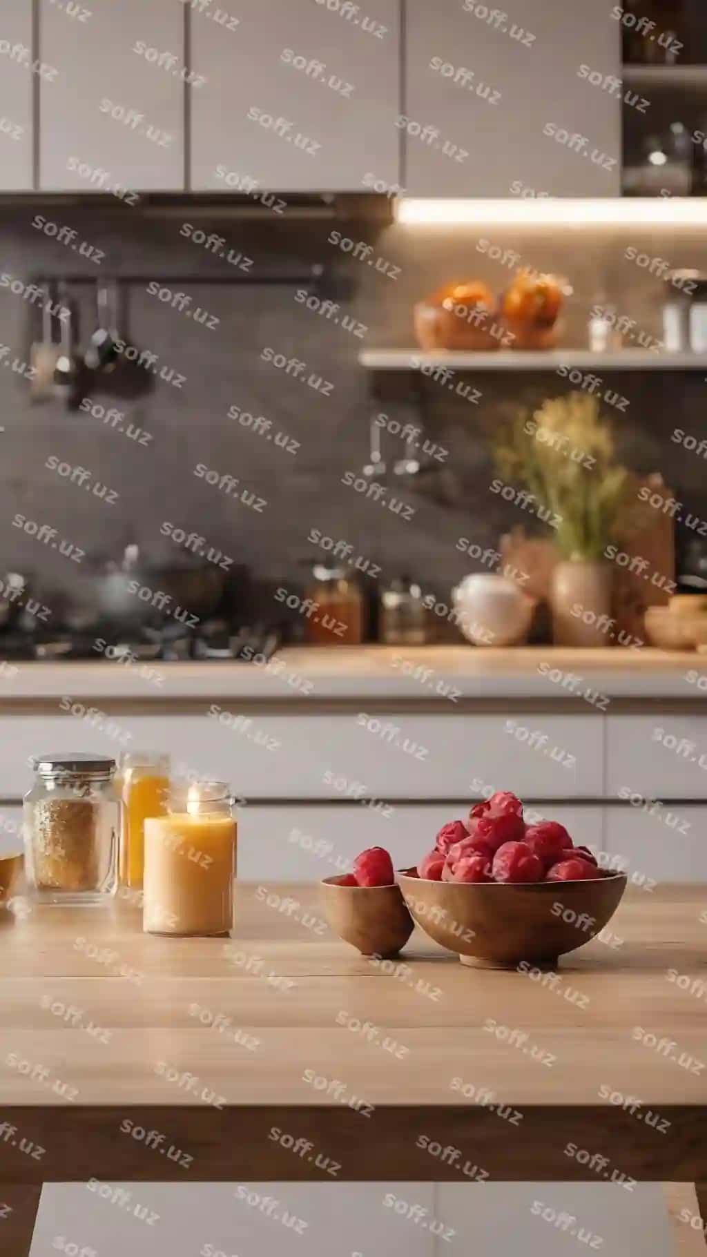 Oshxona va hammom ichki qismining xira fon tasviri tushirilgan bo'sh stol usti mahsuloti displeyi | Empty tabletop product display with blurred kitchen bathroom interior background image