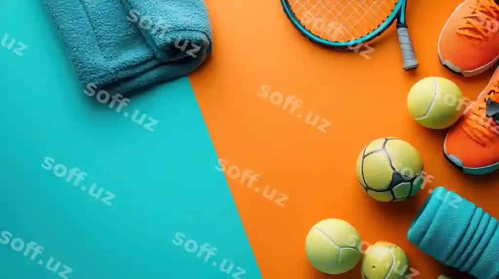 Aktiv hayot uslubi uchun jihoatlar va raketkalar bilan jihoatlar jihoatlar orqali dizayn qilingan ko'plak jihoatlar orqali jihoatlar | Versatile fitness gear featuring dumbbells rackets vibrant orange background active lifestyle promotion