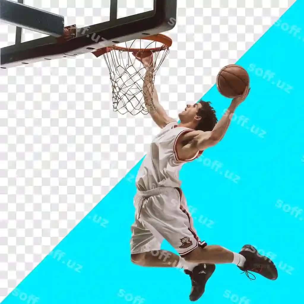 Erkak basketbolchi shaffof to'pni basketbol savatchasiga sakrab tushdi | Male basketball player jump dunk ball into basketball basket transparent