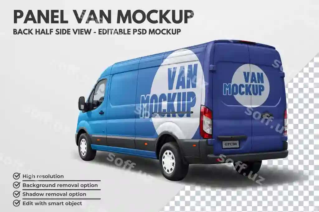 Orqa yarim yon ko'rinishli furgon tahrirlanadigan PSD mokap | Back half side view panel van editable psd mockup