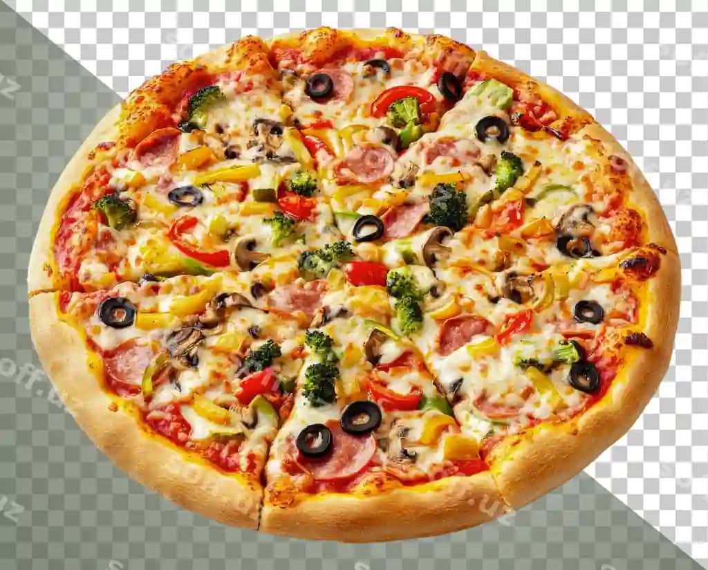 Rangli to'plamli mazali pitsa png kesilgan | Tasty pizza with colorful toppings cut out stock png