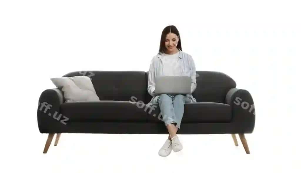 Yosh ayol noutbuk bilan qulay kulrang divan oq fonda qo'yilgan | Young woman with laptop comfortable grey sofa against white background