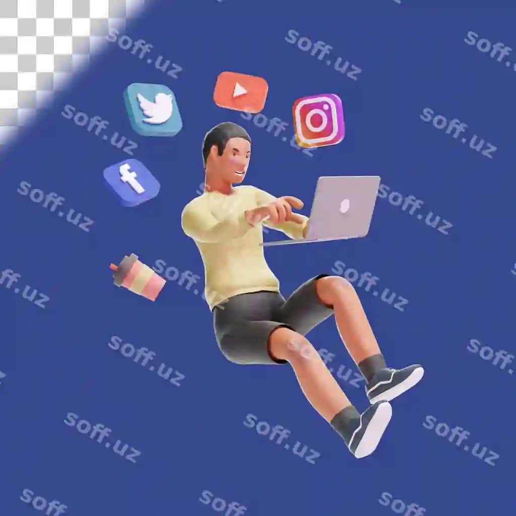 3D Afro-amerikalik yosh bola noutbuk bilan ijtimoiy tarmoqlarni ko'rib chiqyotgan | 3d african american teenager boy exploring social media with laptop