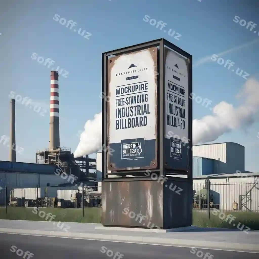 Fabrika sozlamasidagi billboard namunasi, shamolga moslashgan metal belgilari | Factory setting billboard mockup weathered metal signage