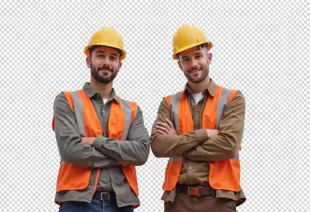 Qo'llarini chalishtirib olgan, biri sariq dubulg'a kiygan ikki erkak | Two men wearing hard hats with arms crossed one wearing yellow helmet