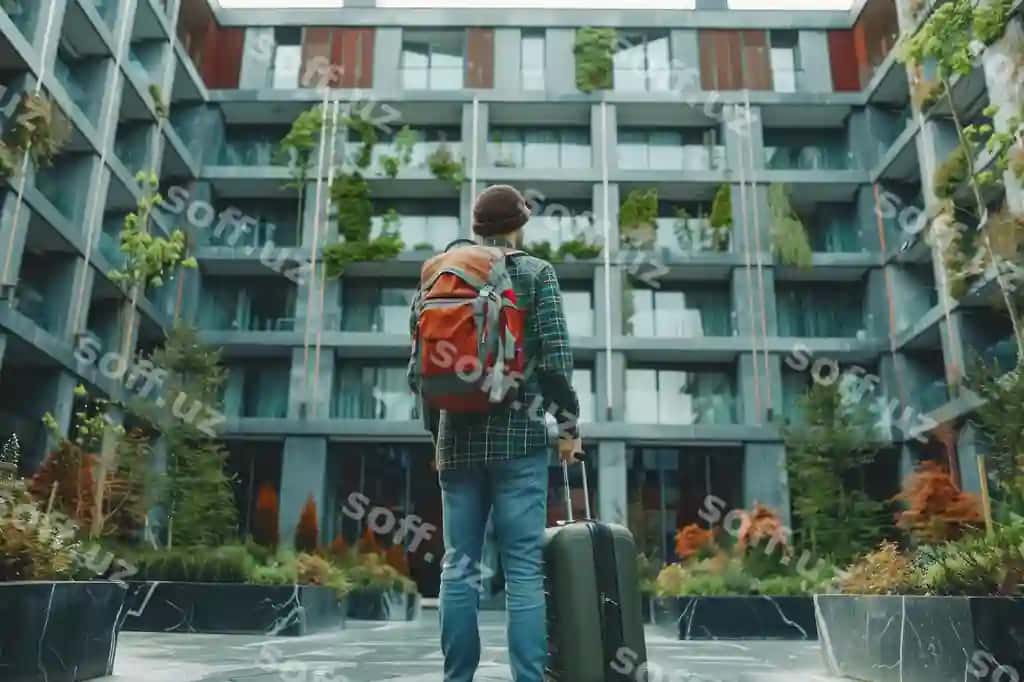 Yosh sayohat qiluvchi erkak bagaj bilan oldingi zamonaviy eko mehmonxona | Young traveler man with baggage front modern eco hotel