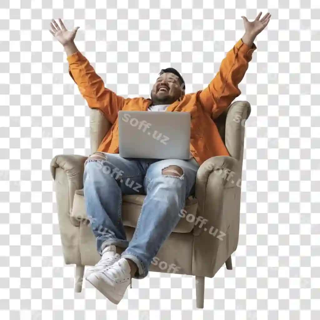PNG baxtli mahalliy mahalliy erkak noutbuk kreslosida o'tiribdi | Png happy native indigenous man sitting laptop chair armchair
