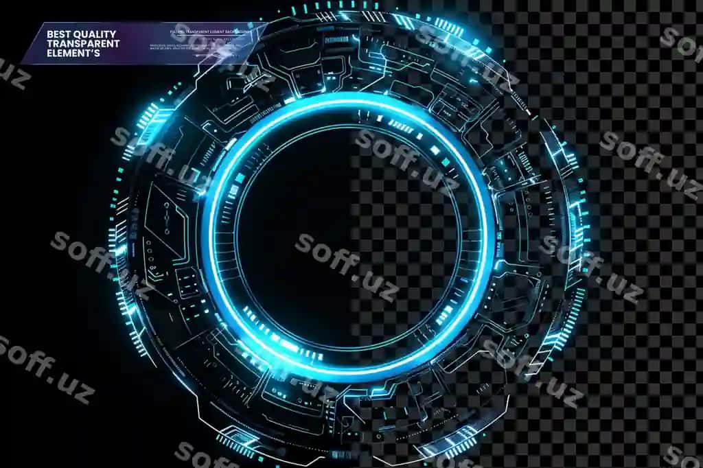 Shaffof elektron plata elementlari bilan moviy rangda porlab turgan futuristik doira | Blue glowing futuristic circle with circuit board elements transparent