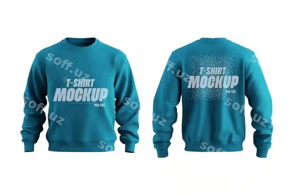 Oldindan koʻrinishi koʻk rangda boʻlgan tahrirlanadigan sviter koʻylagi maketi psd | Editable sweatshirt mockup psd with front back view cyan