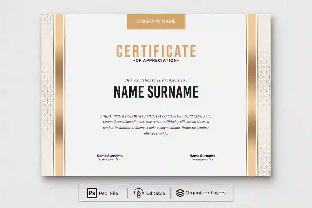 Psd zamonaviy hashamatli nafis oddiy sertifikat oltin bilan minnatdorchilik | Psd modern luxury elegant simple certificate appreciation with gold