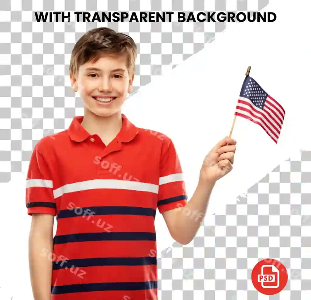 Gulovchi vatanparvar yosh bola AQSH bayrog'ini tutadigan shaffof orqa fonda | Smiling patriot young boy holding american flag transparent background