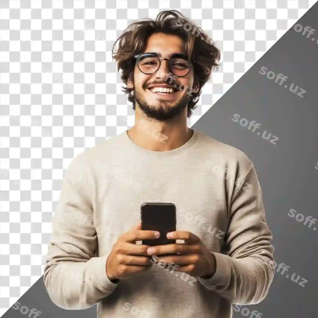 Yosh erkak telefon ishlatayotgan portret orqa fonda baxtli | Png young man using phone portrait background happy