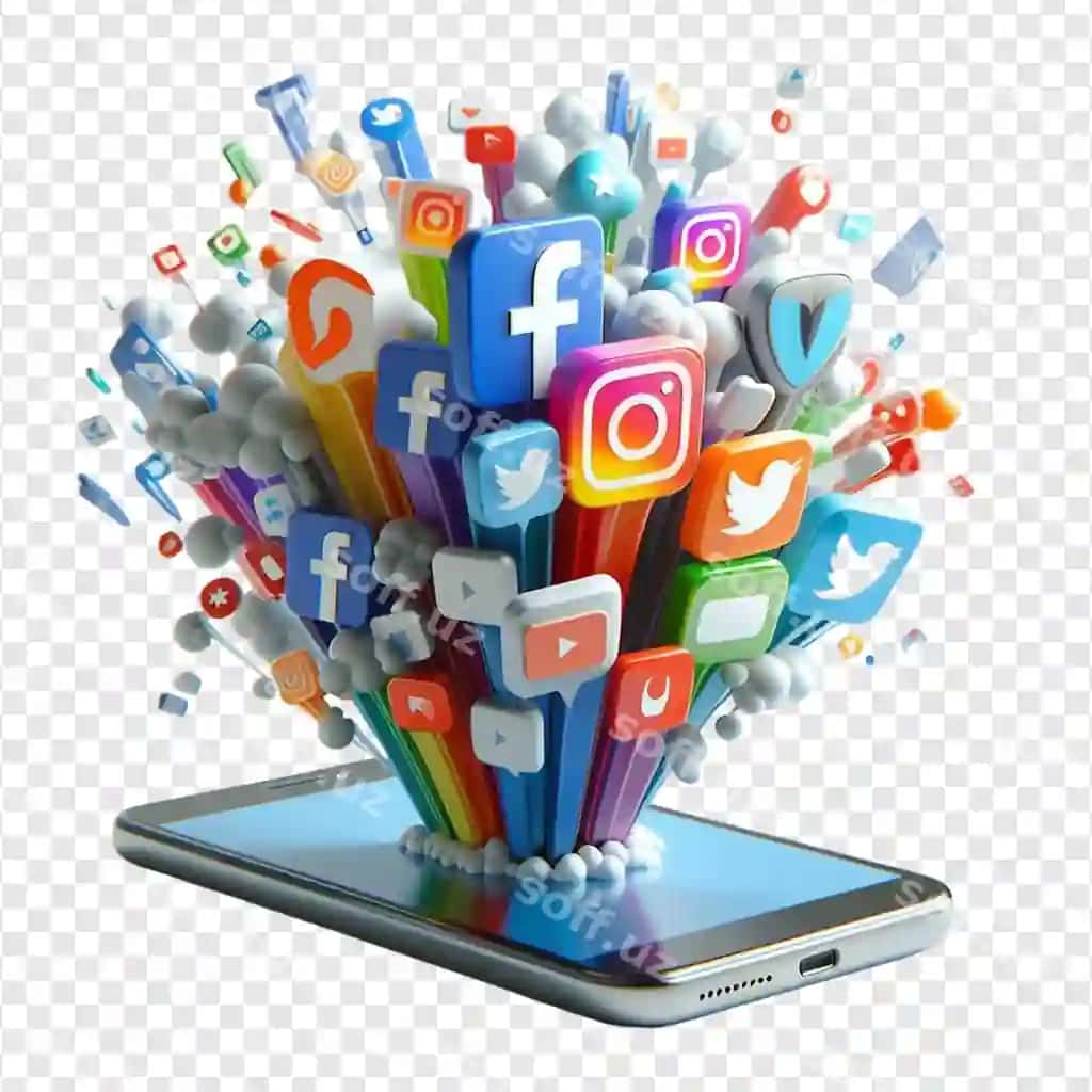 Ilovalar piktogrammalari interfeysi bilan 3D smartfon ijtimoiy media belgisi | 3d smartphone social media icon with apps icons interface